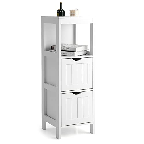 Tangkula Small Bathroom Storage Cabinet with 2 Removable Drawers, Wood Freestanding Floor Cabinet for Bathroom, Anti-Tipping Device, Side Corner Small Cabinet for Small Spaces (White)