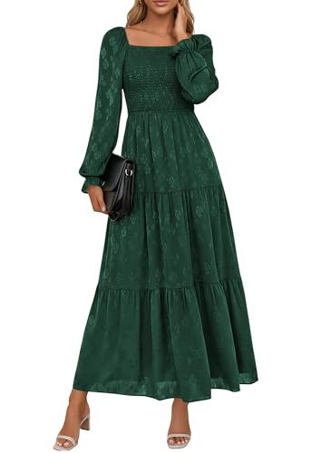 PRETTYGARDEN Fall Wedding Guest Dresses for Women 2025 Floral Long Sleeve Smocked Tiered Elegant Long Flowy Boho Dress (Dark Green,Medium)
