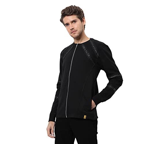 Image of Campus Sutra Men's Black Solid Regular Fit Cotton Jacket For Winter Wear | Round Neck Collar | Full Sleeve | Zipper | Casual Jacket For Man | Western Stylish Jacket For Men