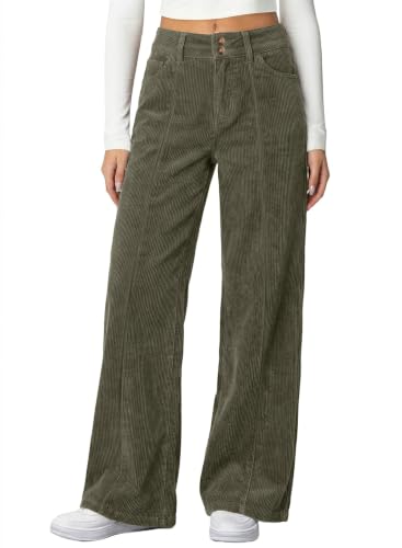 Sidefeel Women's Corduroy Pants High Waisted Wide Leg, Army Green, S