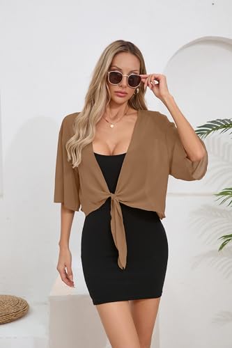 Image of TASAMO Women's Summer Lightweight Cropped Shrug Sheer Tie Front Cardigan
