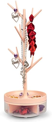 INMORVEN Small Jewelry Stand, Jewelry Tree Stand Organizer Earring Holder Necklace Display Tower with Acrylic Jewelry Tray, Storage for Bracelet Ring Ear Studs Watch (Pink)