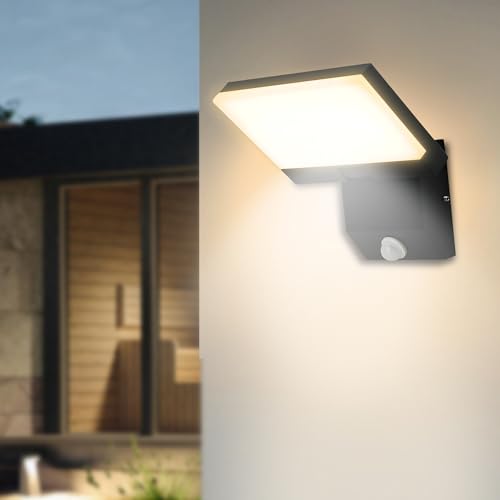 APAKA 18W Outdoor/Indoor Wall Light with Motion Sensor Adjustable Aluminum Wall Lamp with Swiveling LED Panel Waterproof IP67 Warm White 3000K Black for Entrance Garden Terrace