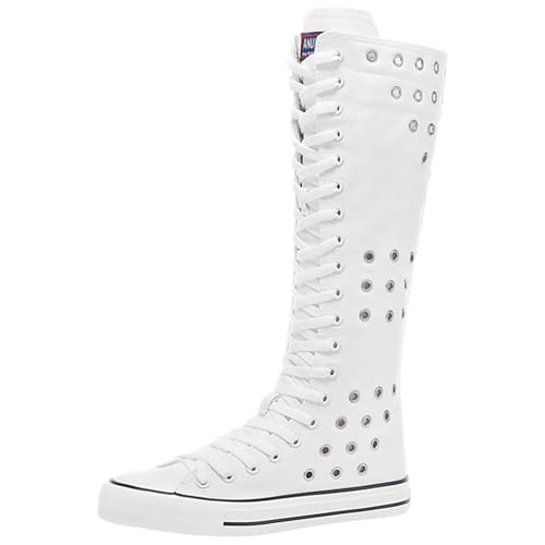 Image of ANUFER Women Fashion Canvas Dance Boots Knee High Bicycling Boots Girls Fancy School Shoes