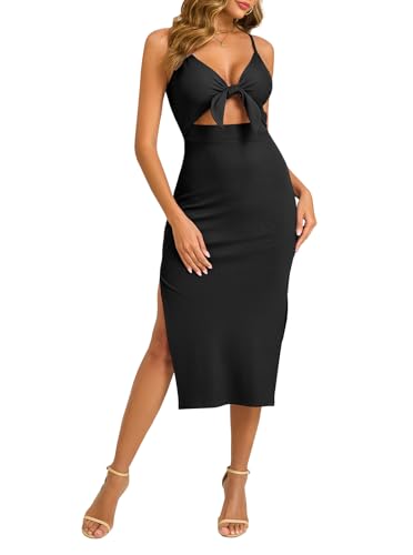 oten Women's Sexy Spaghetti Strap Tie Knot Cut Out Bodycon Sleeveless Ribbed Knit Slit Club Party Midi Dresses