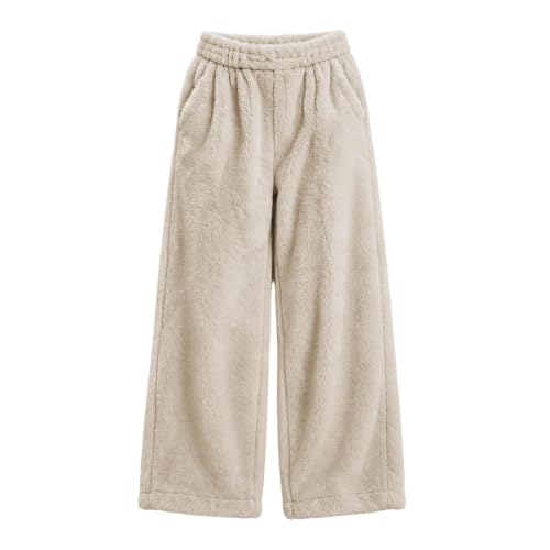 Women's Fuzzy Plush Pajama Pants Wide Leg Pj Bottoms Lounge Pants Beige - image 4