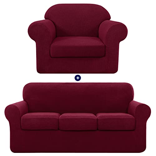 subrtex Sofa Slipcover with Separate Cushion Couch Cover 1-Seaters 3-Seaters Furniture Protector for Kids/Pets(Small&Large,Wine)