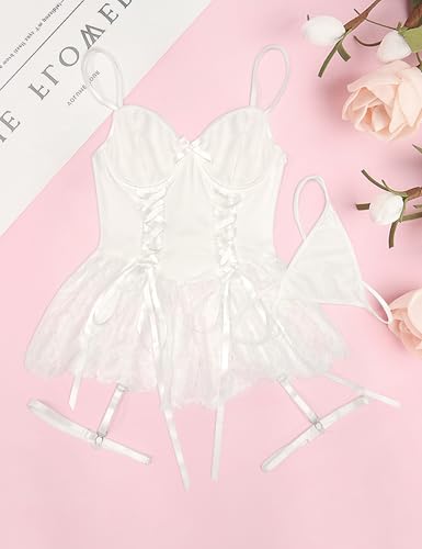 Image of Mixxmix Women Sexy Lingerie Set Naughty Lace Up Corset Bodysuit Underwire Lingerie Babydoll With Garter Belt and Bow Tie