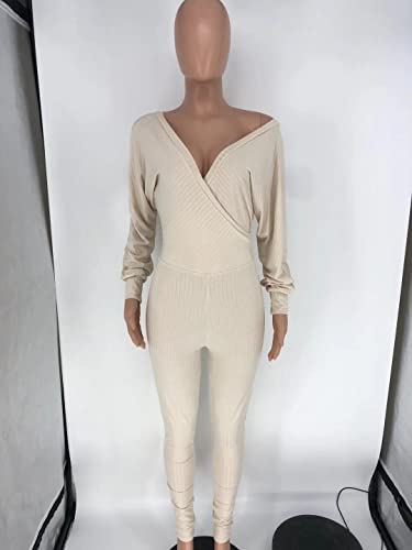 Echoine Womens Sexy V Neck Jumpsuits Ribbed Knit Long Sleeve Bodycon One Piece Outfits Off Shoulder Club Outfits White S #TOP2