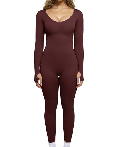 Popilush Long Sleeve Jumpsuit for Women Built-in Bra Ribbed U Neck Red XL - image 1