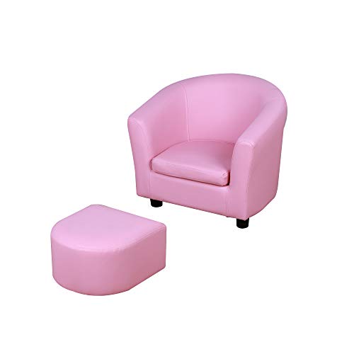 homcom Poltroncina per Bambini 3-6 Anni con Pouf, Struttura in Legno, Piedini Antiscivolo e Rivestimento in PVC Rosa