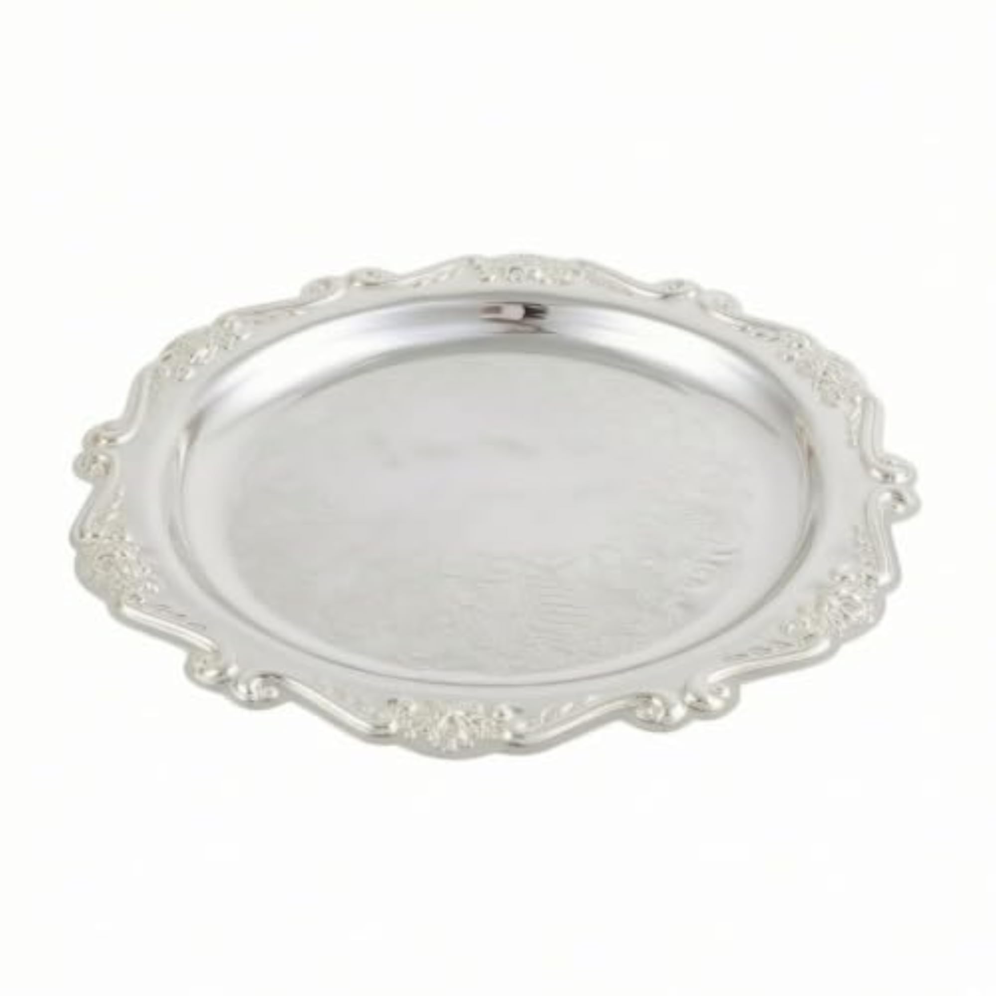 Ornate Metal Tray with Scroll Rim, Silver Decorative Tray