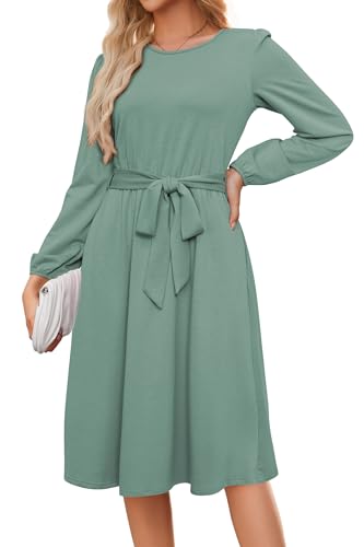 Image of Newshows Womens Long Sleeve Casual Dresses 2025 Business Work Teacher Fall Church Belted A Line Flowy Midi Dress