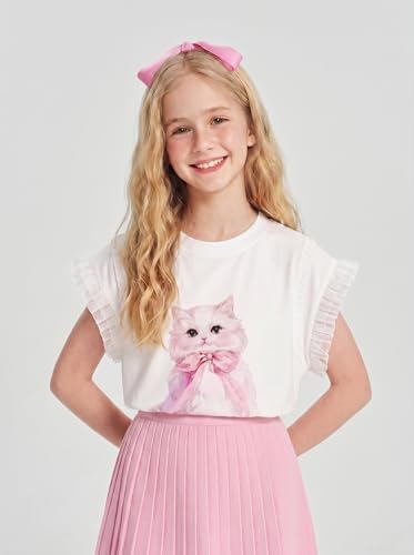 Image of Girls Ruffle Sleeves Shirt Cat Graphic Tee Cute Summer Short Sleeve Top for Teens 6-16Y