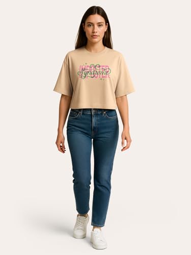 Image of HELLCAT Beige Printed Loose Fit Crew-Neck Crop T-Shirt for Women