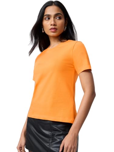Image of The Souled Store Casual Classics: Women and Girls Short Sleeves Spread Collar Solid Cotton Regular Fit Breathable Lightweight Trendy Everyday T-Shirt