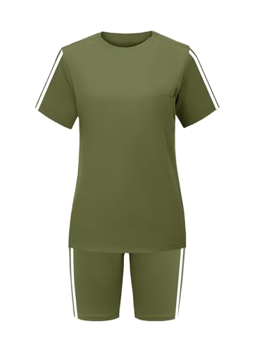 STOLKISS Women 2 piece Short Sets Classic Striped Outfits Summer Casual Short Sleeve T-Shirt and Short Jogger Tracksuits Sets Green L