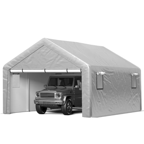 Image of Jocoevol Carport 13x21 FT Enclosed Carport with Roll-up Windows, Removable Sidewalls & Doors and Sandbags for Car Boat Truck Motorcycle, Grey