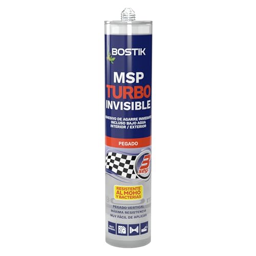 BOSTIK MSP Turbo Invisible, Adhesivo de Agarre Inmediato, Ideal Pegados Verticales, Resistente al Moho y a las Bacterias, Pega sobre Superficies Húmedas y bajo Agua, Alta Resistencia, Cartucho 290 ml
