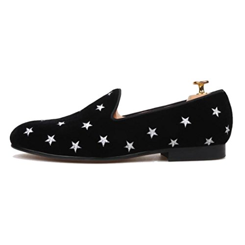 FERUCCI Handmade Men Black Velvet Slippers Flats Loafers with Silver Stars