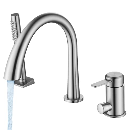 SUBEIXI Roman Tub Faucet with Hand Shower 3 Hole Deck Mount Tub Filler Bathtub Faucet with Sprayer High Flow Bathtub Faucet Set Brush Nickel