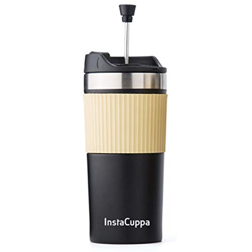 InstaCuppa Travel French Press Mug, Double Walled Stainless Steel, Vacuum Insulated Thermos, Anti-Slip Silicone Grip, 400 ML, Black