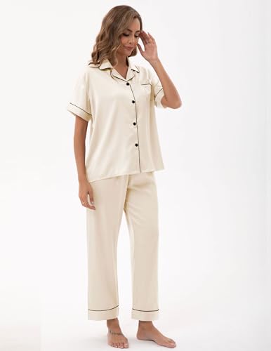 Image of UMBY Silk Satin Pajamas for Women Set 2 Piece button down Soft Silk Pjs Sets Cozy Silky Pajama Short Sleeve