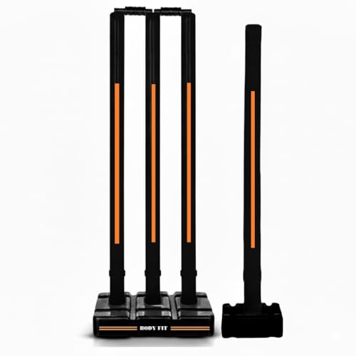 Image of Bodyfit Heavy Cricket Stumps | PVC Wickets Set with 4 Stumps + 2 Bails + 2 Stands | Full Size Wickets for Cricket Ground, Tournament Wicket. (Black-F Orange)