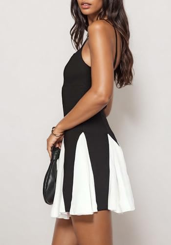 Women's Spaghetti Strap Mini Dress Color Block Pleated A line Flowy Sexy Casual Party Prom Summer Short Dresses3