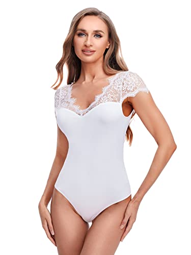 DIDK Damen Spitzen Bodysuit V-Ausschnitt Body Bodysuits Spitzen...