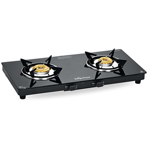 Image of Surya Flame Creta Gas Stove 2 Burners Glass Top | Tri-pin Brass Burner | 2 Burner Gas Stove, Stove 2 Burner, Manual Ignition, Ultra Slim Design with Toughened Glass Top, Removable Drip Tray