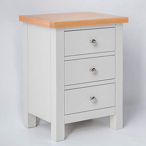 RoselandFurniture Farro Grey Bedside Table Quality 3 Drawer Bedside Cabinet with Oak Top | Fully Assembled Painted Solid Wooden Side End Nightstand for Bedroom, Bathroom, and Hallway