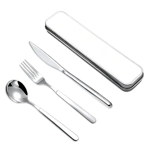 Wixovo Camping Besteck Set, 4 Stück Edelstahl Reisebesteck mit Etui, Campingbesteck Spülmaschinenfest, Besteckset to go mit Besteckbox für...