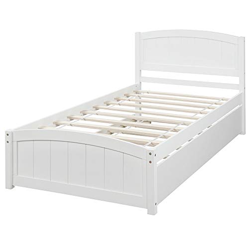 Twin Platform Bed with Trundle, Rockjame Minimalistic Stylish Wood Bed Frame, Easy to Install, Suitable for Kids, Teens and Adults (White)