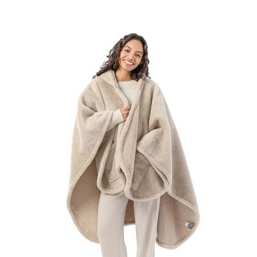 Berkshire Faux Fur Wearable Blanket, Cozy Reversible Loftmink Fleece Shawl with Hood & Side Pockets,...