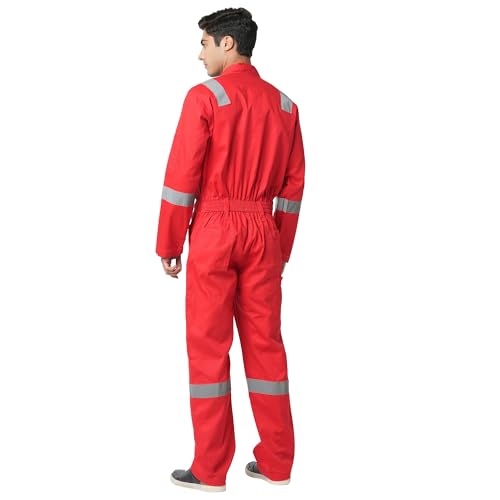 FRENCH TERRAIN® Men's 100% Cotton Industrial Work Wear Coveralls (Boiler Suit/Dungarees) with Reflective Tape, 200 GSM.(Col. Red, Size_L - 40)