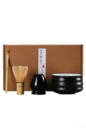 日本製の手作り竹製抹茶茶筅セット 立柏本 立田茶 松雲 茶道 (抹茶四点セット-ブラック)
