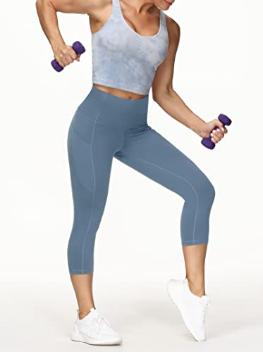 Image of THE GYM PEOPLE Thick High Waist Capris Yoga Pants with Pockets, Tummy Control Workout Running Yoga Leggings for Women