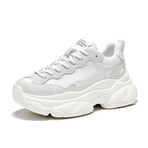 Image of BEAU TODAY Womens Chunky Sneakers, Walking Shoes for Women, Lace up Comfortable Platform Fashion Dad Sneakers Off White US Size 5
