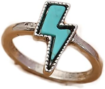 Fuqimanman2020 Western Turquoise Flower Lightning Bolt Adjustable Ring Natural Green Stone Thunder Flash for Women Cowgirls Punk Party Statement Jewelry