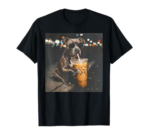 Pitbull Dog Drinking Iced Coffee with Sunglasses Funny Art T-Shirt