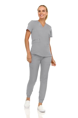 MediChic Scrubs for Women's V-Neck Scrub Set with Six Pocket Cargo Jogger Pants with 4-Way Stretch