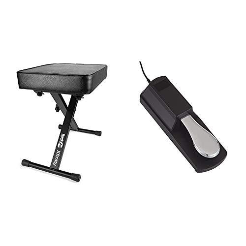 RockJam KB100 Adjustable Padded Keyboard Bench, X-Style, Black & Universal Sustain Pedal for Electronic Keyboards and Digital Pianos with Polarity Switch, Anti-Slip Rubber Bottom and 5.9 ft. Cable