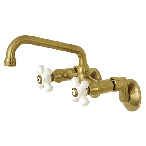 Kingston Brass KS613SB 2-Handle Wall Mount Kitchen Faucet, Brushed Brass, 6.94 x 4.88 x 2.75