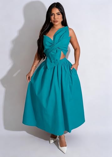 Image of YUEWOO Midi Dresses for Women Casual Summer Sundresses Vacation Outfits Spaghetti Strap Smocked Women Maxi Dress with Pockets