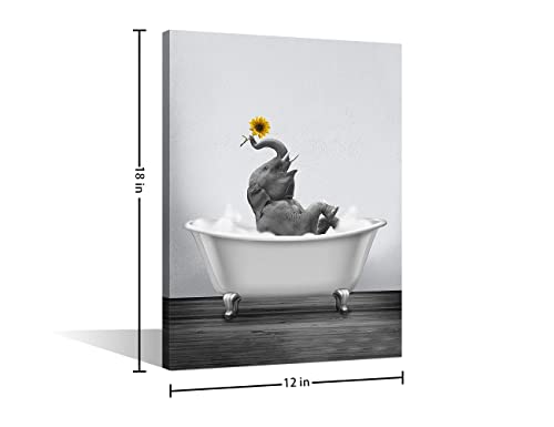 Black and White Canvas Wall Art Funny Animal for Bathroom Kitchen Bedroom Elephant with Yellow Sunflower in Bathtub Giclee Print Picture Painting Stretched on Canvas Framed Artwork 12x18inch - Image 6