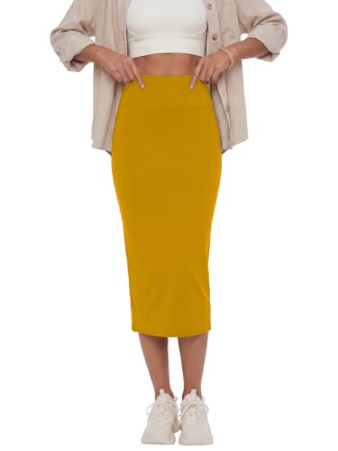 Image of Rooscier Women's High Waisted Pencil Midi Skirt | Stretchy Bodycon Knee Length Skirts with Back Slit