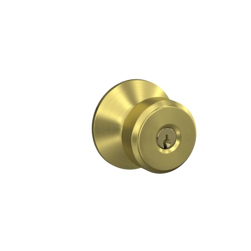 Image of SCHLAGE Bowery Keyed Entry Door Knob, Interior /Exterior, Satin Brass | Keyed entry door knob with turn-button lock, Easy to install, Certified security & durability, Universal fit, 2 keys