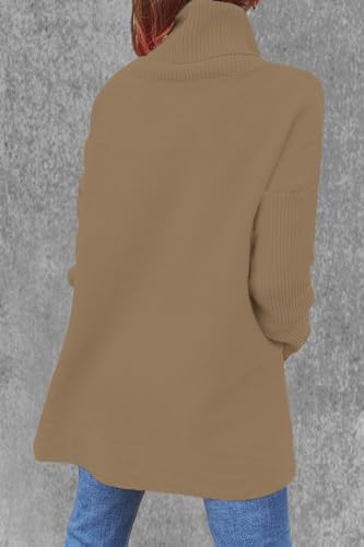 Image of Women's Turtleneck Oversized Sweaters Long Sleeve Split Hem Striped Knit Pullover Tops