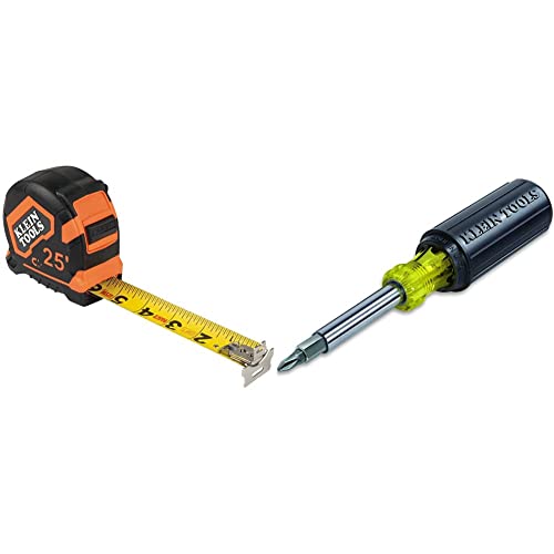 Klein Tools 9225 Tape Measure, Heavy-Duty Measuring Tape & 32500 11-in-1 Screwdriver / Nut Driver Set, 8 Bits (Phillips, Slotted, Torx, Square), 3 Nut Driver Sizes, Cushion Grip Handle
